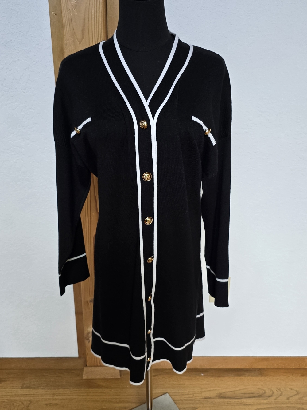 Black Knit Top with White Trim - Size L